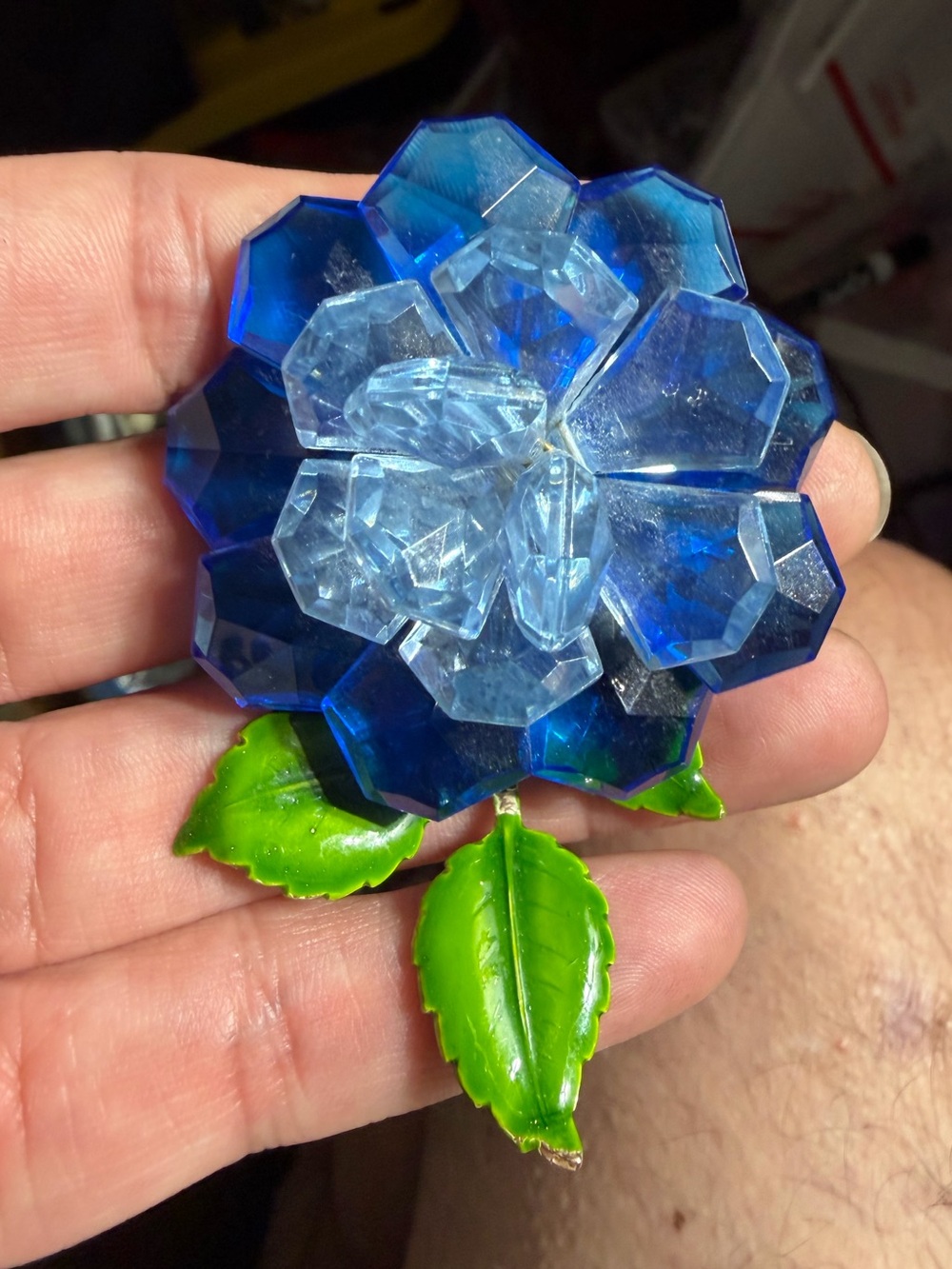 Vintage West Germany Blue Lucite Flower Enamel Metal Faceted Brooch